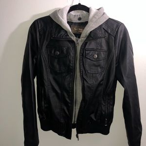 Faux leather jacket w/ removable hood.